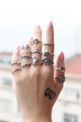 Eskitme Gümüş Renk Metal Otantik 13lü Yüzük Seti