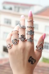 Eskitme Gümüş Renk Metal Otantik 10lu Yüzük Seti