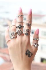 Eskitme Gümüş Renk Metal Otantik 14lü Yüzük Seti