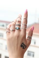 Eskitme Gümüş Renk Metal Otantik 13lü Yüzük Seti
