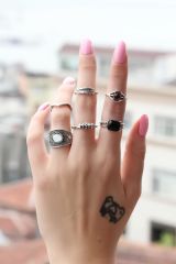 Taşlı Metal Otantik 10lu Yüzük Seti