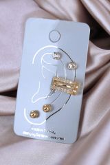Metal Zirkon Taşlı Kıkırdak Küpe Seti