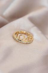 Ayarlamalı Altın Renk Metal Zirkon Taşlı Love Yazılı Model Yüzük