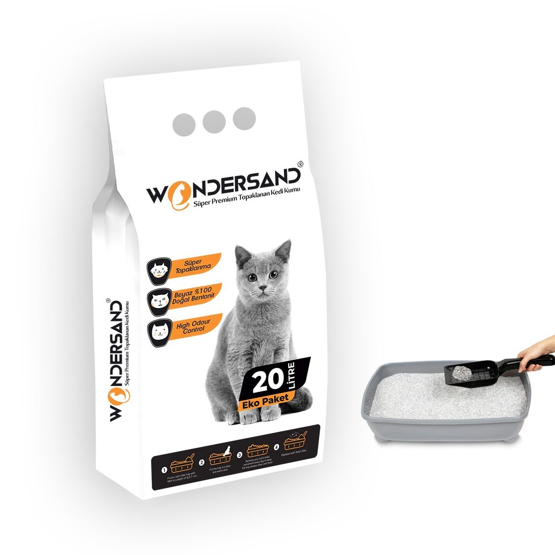 Wondersand 20 Lt Beyaz Bentonit Kokusuz KALIN Tane Kokusuz Süper Topaklanan Premium Kedi Kumu