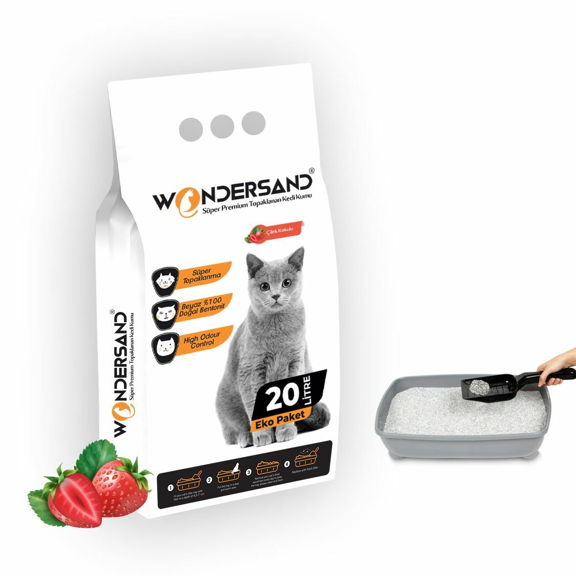 Wondersand 20 Lt Beyaz Bentonit İnce Tane ÇİLEK Kokulu Süper Topaklanan Premium Kedi Kumu