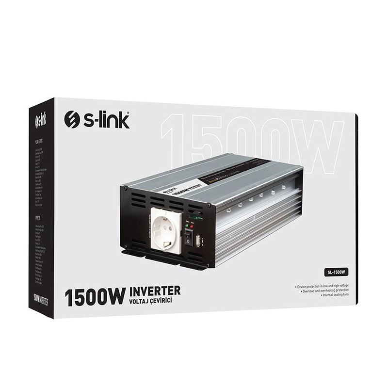 S-Link SL-1500W Dc12v-Ac230v 1500w İnverter 12V-220V Çevirici Dönüştürücü
