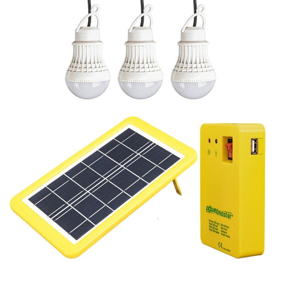 Powermaster 3 Ampullü Solar Güneş Enerjili Kamp Aydınlatması Lambası Şarjlı Işıldak Lamba Powerbank Özellikli