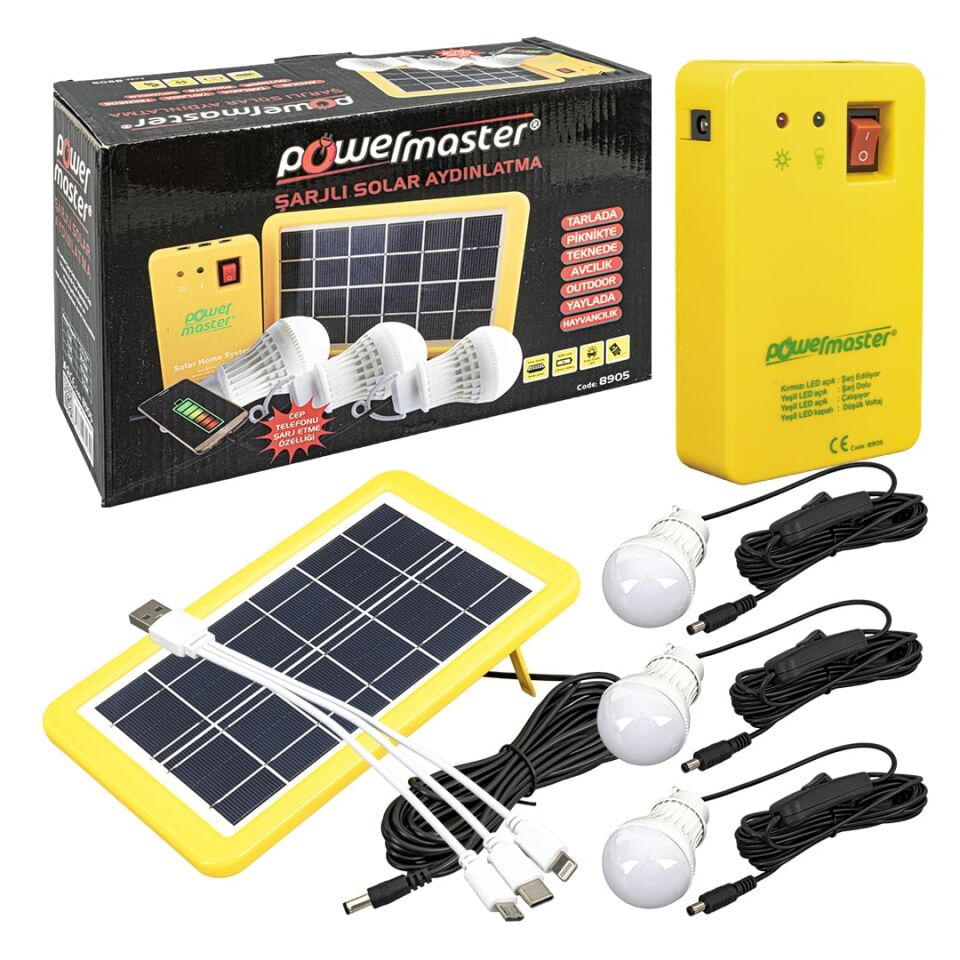Powermaster 3 Ampullü Solar Güneş Enerjili Kamp Aydınlatması Lambası Şarjlı Işıldak Lamba Powerbank Özellikli