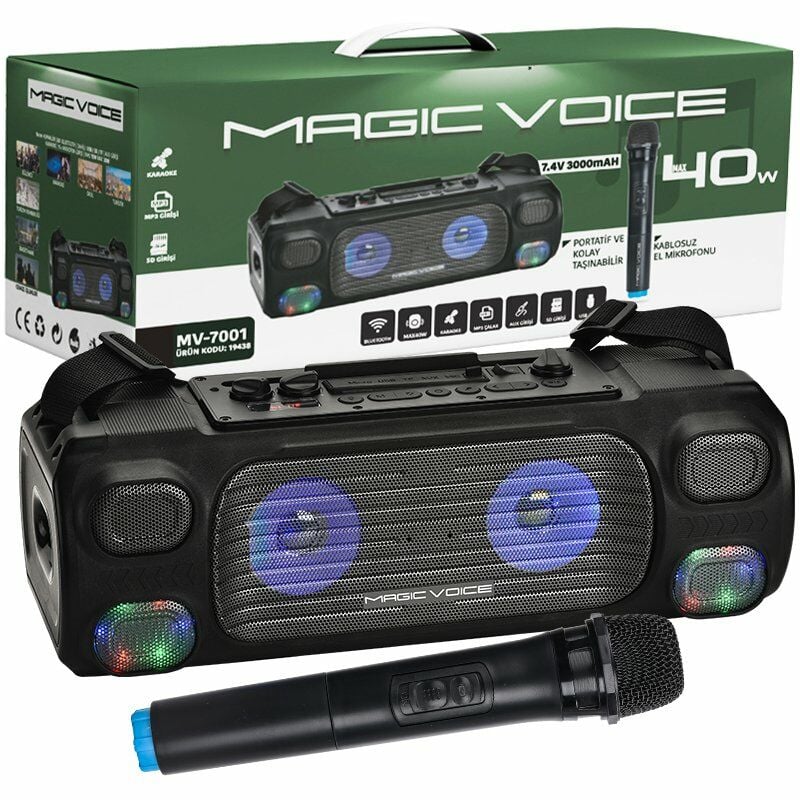 Ayt Magicvoice Mv-7001 Vhf El Mikrofonlu Usb Sd Kart Bluetooth Uk 40 Watt Işıklı Seyyar Anfili Hoparlör