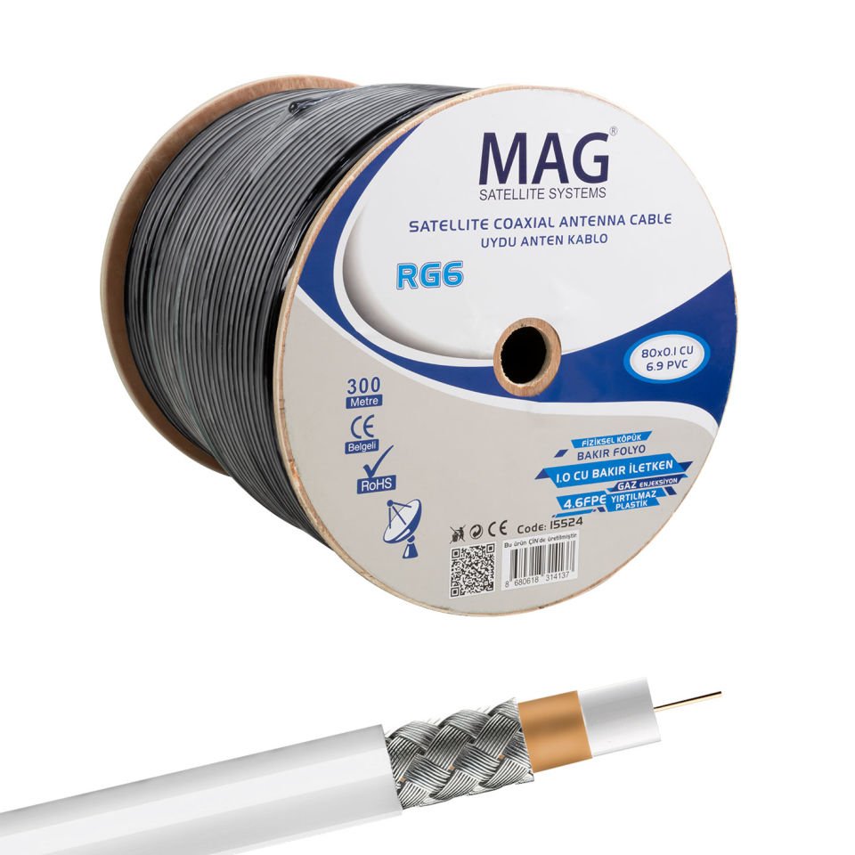 Mag Rg6 Bakır Cu Cu Yeşil Anten Kablosu 300 Metre Lnb Uydu Cihazı Aleti Arası Çanak Anten Kablosu