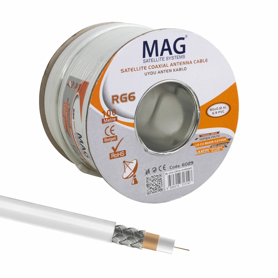 Mag RG6-U4 SAT1 Bakır Anten Kablosu Çanak Anten Lnb Uydu Cihazı Arası Kablo 100 Metre İzolasyonlu