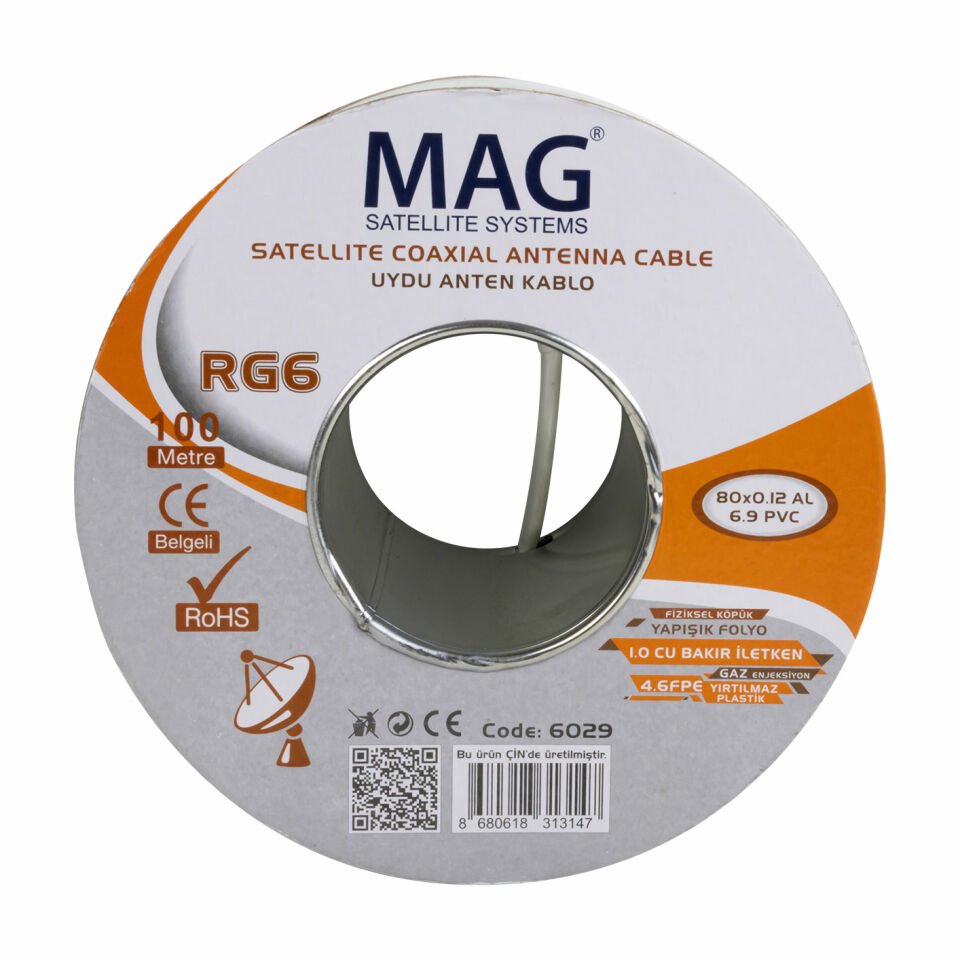 Mag RG6-U4 SAT1 Bakır Anten Kablosu Çanak Anten Lnb Uydu Cihazı Arası Kablo 100 Metre İzolasyonlu