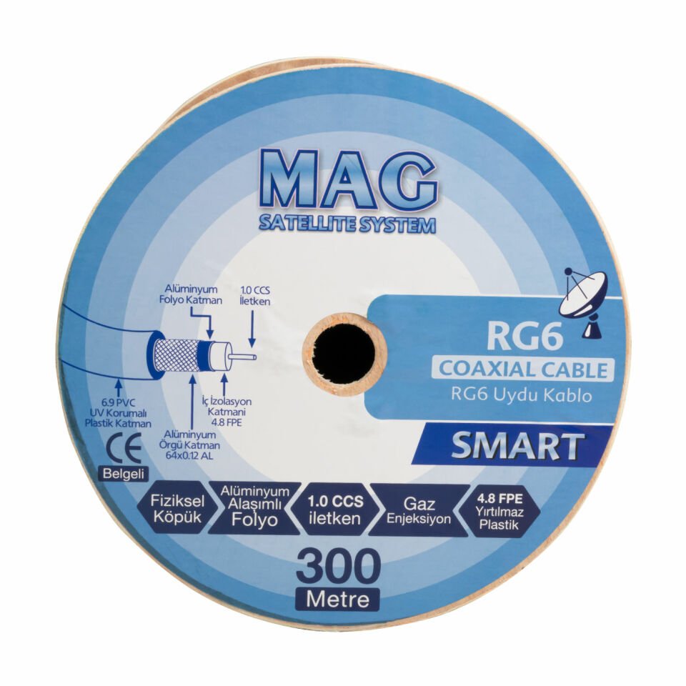 Mag RG6-U4 Trishield Anten Kablosu Dış Cephe Uyumlu İzolasyonlu 300 Metre Çanak Anten Kablosu
