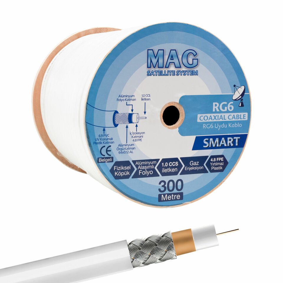 Mag RG6-U4 Trishield Anten Kablosu Dış Cephe Uyumlu İzolasyonlu 300 Metre Çanak Anten Kablosu