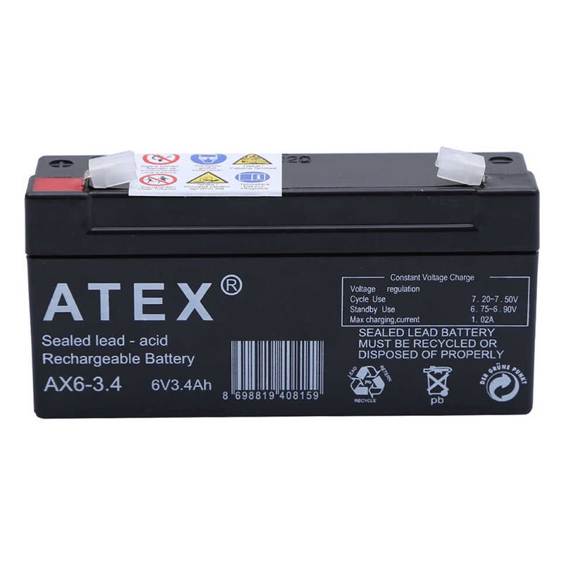 Atex 6 Volt 3.4 Amper Yatık Akü Bakımsız Kuru Akü 125x35x61 Mm