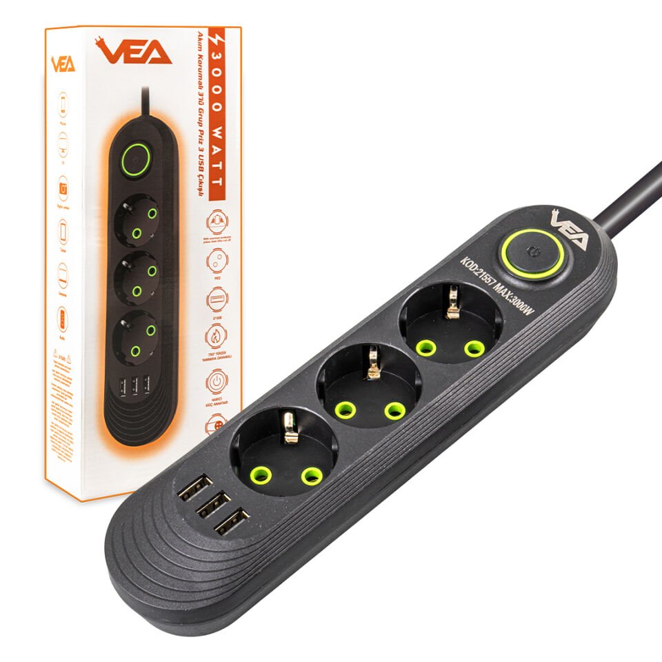 Vea VA-21557 Akım Korumalı Priz 3 Lü Usb li 1.5 Metre Uzatma Kablosu Anahtarlı 3-16 Amper