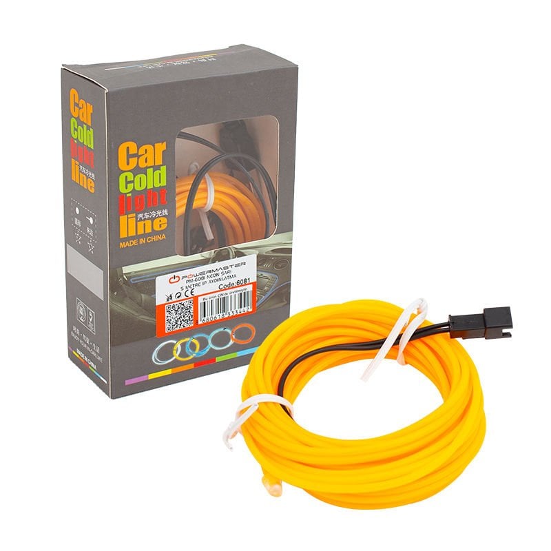 Powermaster 5 Metre 5 Volt USB Adaptörlü Neon Sarı İp Aydınlatma Araç Oto Ambiyans Aydınlatması