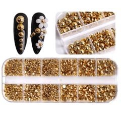 GOLD 12'li Karışık Boy Nail Art İnci Taşları Tırnak Süsleme