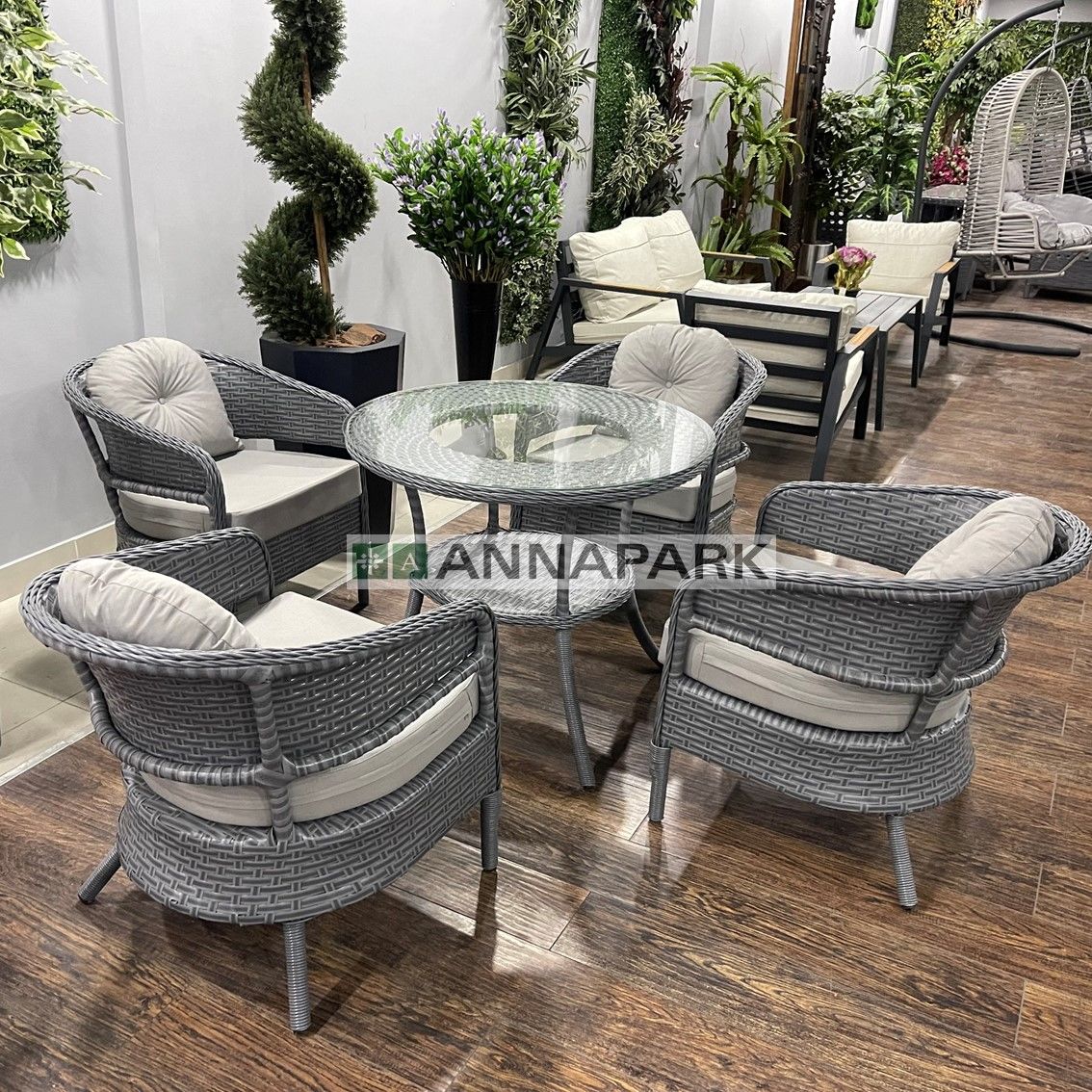 Annapark Lobby Rattan Yemek Masa Takımı ( Dört Kişilik ) Koyu Gri / Gri