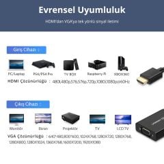 Ugreen HDMI to VGA ve AUX Dönüştürücü Adaptör (Siyah)