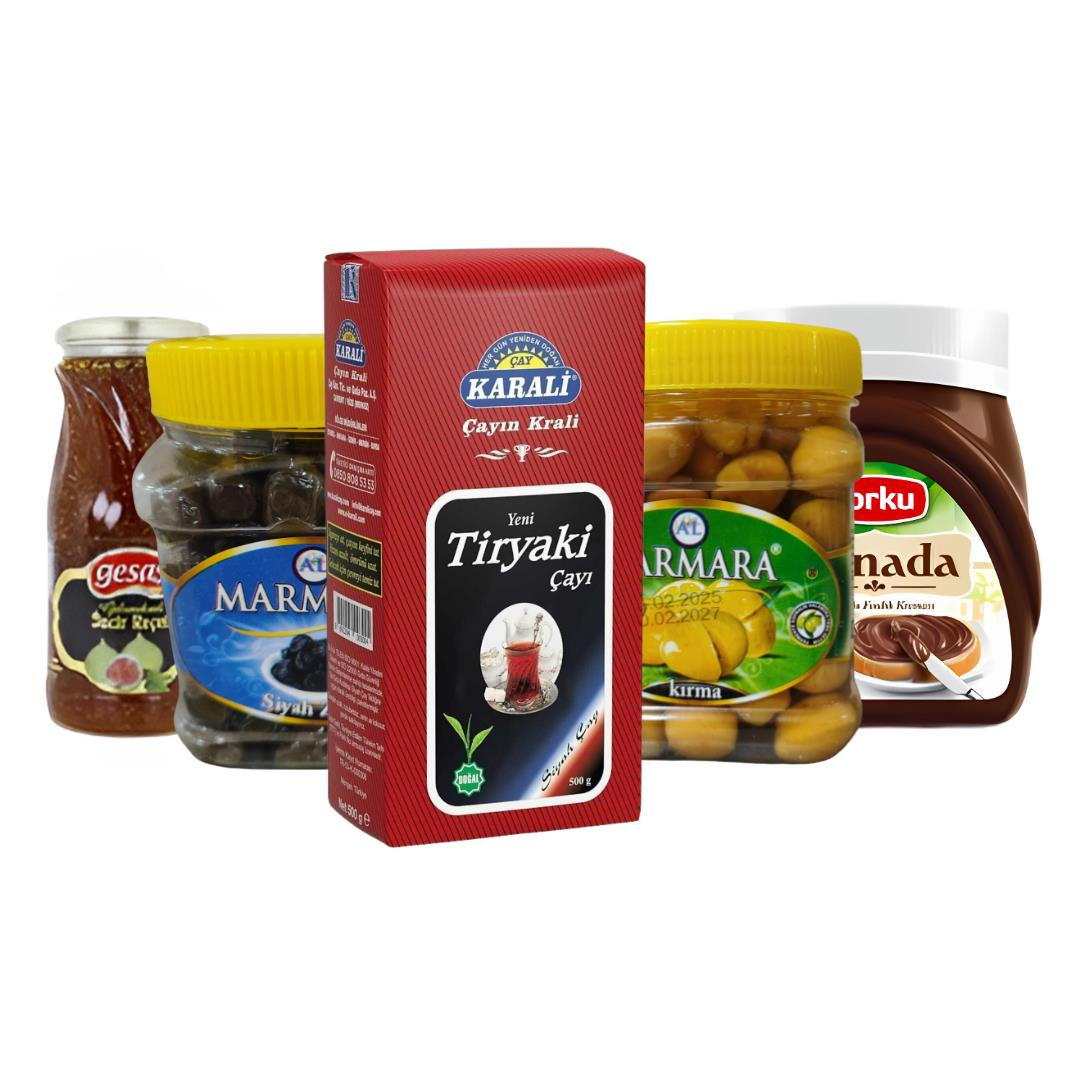 Kahvaltı Seti 5 – Çay, Reçel, Sürülebilir Çikolata, Yeşil Zeytin, Siyah Zeytin