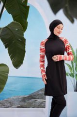 Kolları Parmak Geçmeli Şerit Çizgili Spor Tesettür Mayo- Siyah - Mayou
