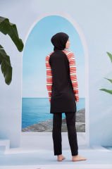 Kolları Parmak Geçmeli Şerit Çizgili Spor Tesettür Mayo- Siyah - Mayou