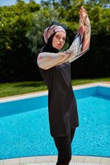 Kolları Parmak Geçmeli Renkli Spor Tesettür Mayo- Siyah - Mayou