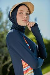 Kolları Parmak Geçmeli Şerit Yanları Çizgili Spor Tesettür Mayo- Lacivert - Mayou