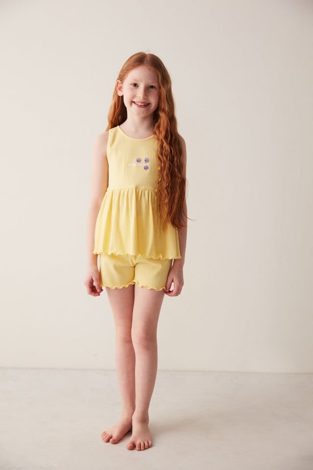 Light Yellow Girl Child Yellow Frill 2 Pajamas Set