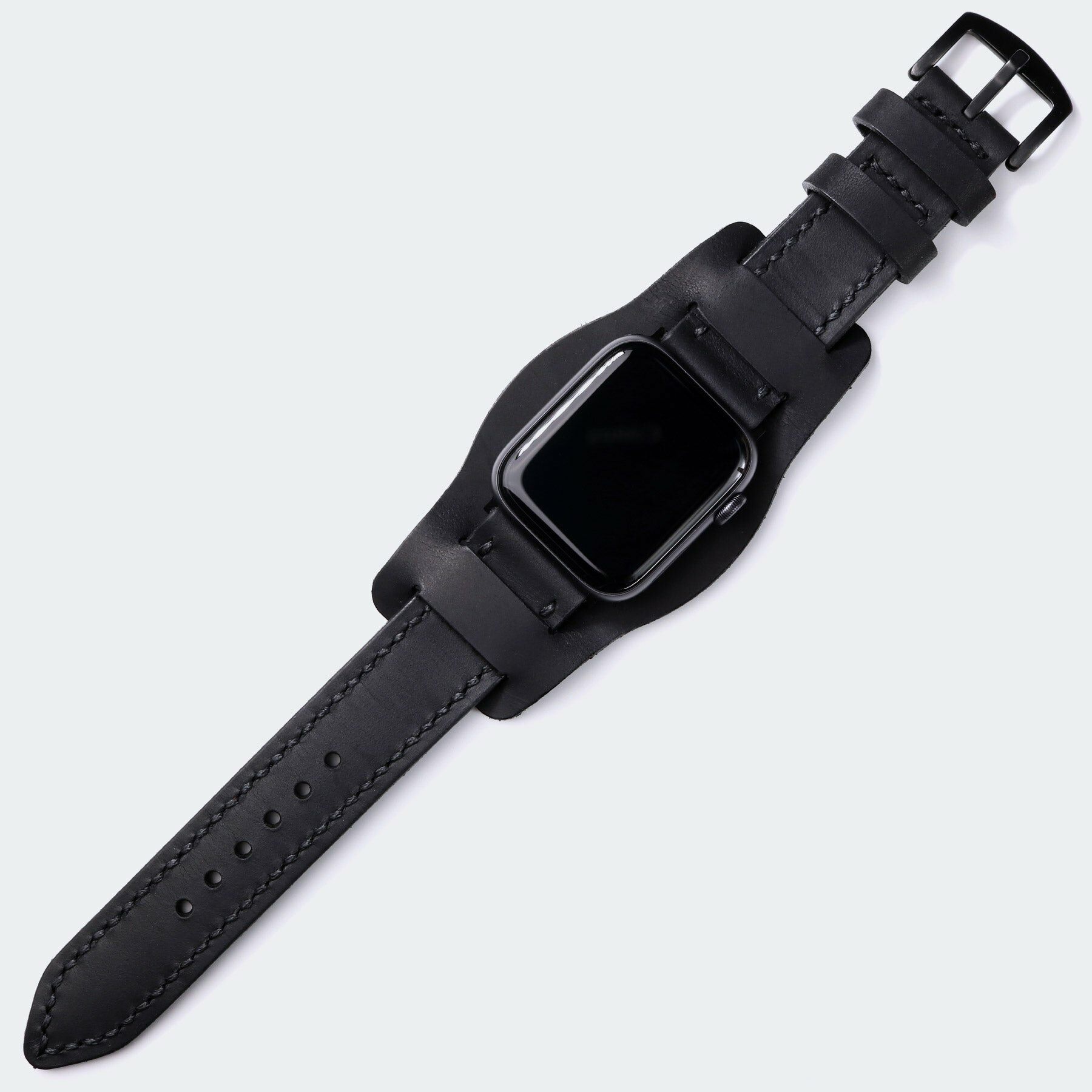 Bund Strap - Çift Kat Deri Apple Watch Saat Kayışı - Siyah
