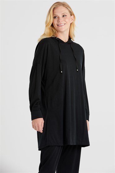 Hooded Tunic Pants Set BLACK