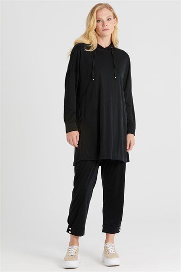 Hooded Tunic Pants Set BLACK