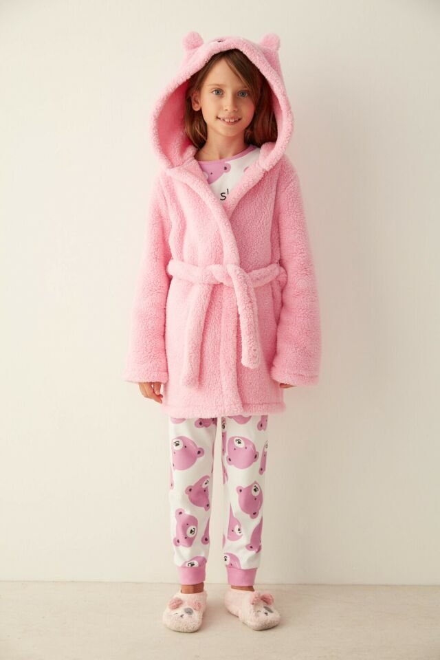 Light Gray Girl G. Pink Bear Robe Dressing Gown