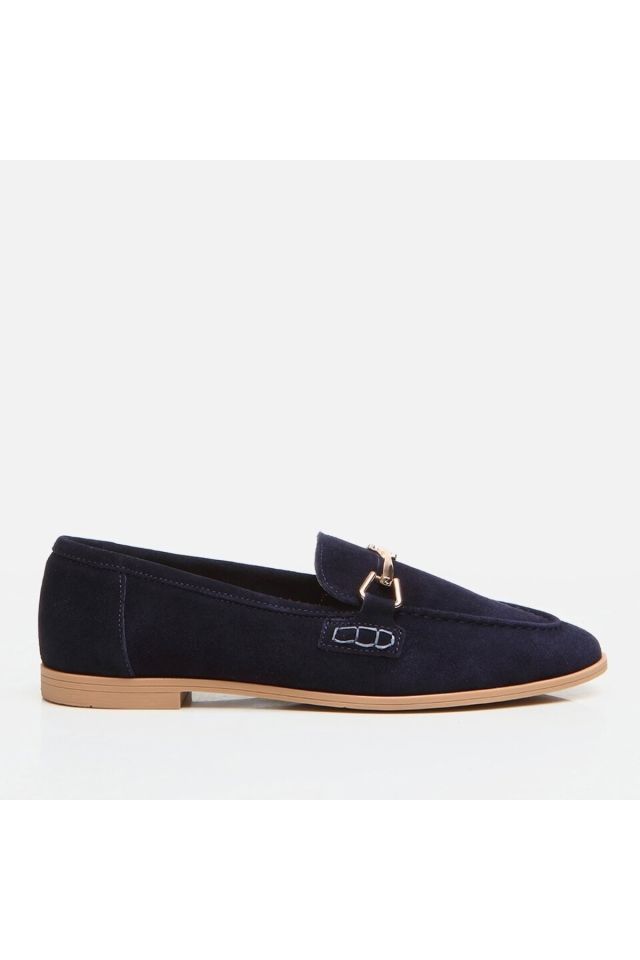 Genuine Leather Navy Blue Women's Loafers