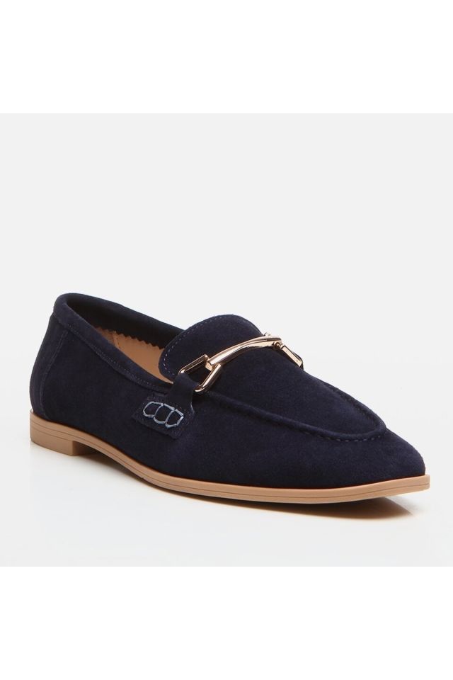 Genuine Leather Navy Blue Women's Loafers