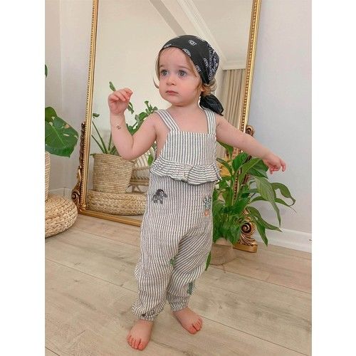 Embroidered Striped Face Strap Jumpsuit 0-3 Years Smoked Striped