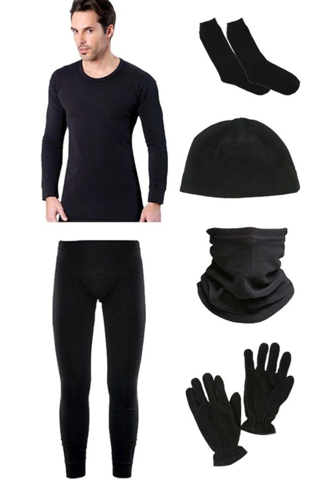 Black Thermal Underwear Set Polar Beanie Neck Collar Gloves Socks Set