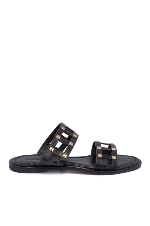 Black Leather Women's Slippers