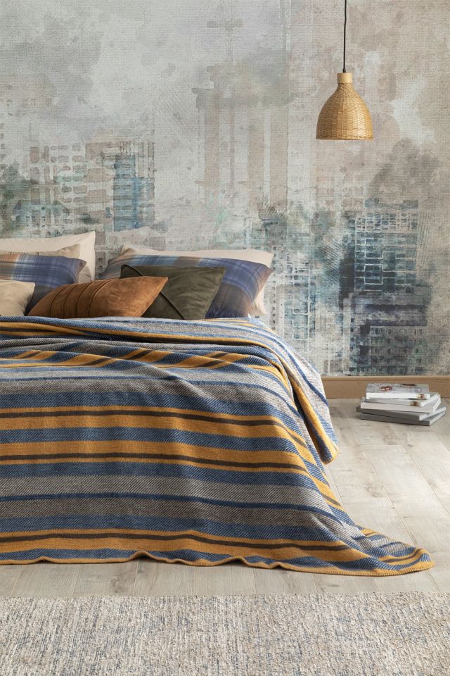 Bold Stripe Pamuklu Tek Kişilik Battaniye 150x200 Cm Hardal - Mavi