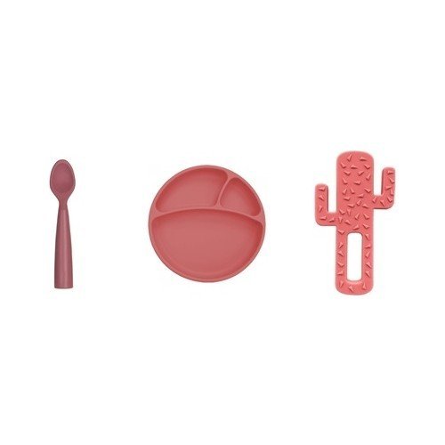 Set of 3 Portion Plates Claret Red, Nam Nam Spoon Claret Red, Teether Cactus Claret Red