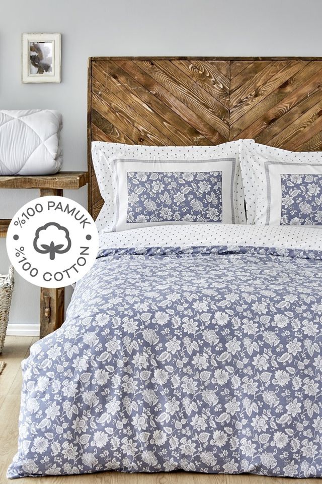 Celerina Blue 100% Cotton Single Fitted Elastic Duvet Cover Set