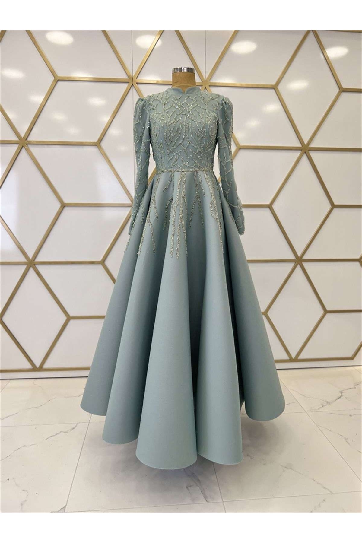 Dream Applique Detailed Princess Form Veiling Evening Dress Mint Green