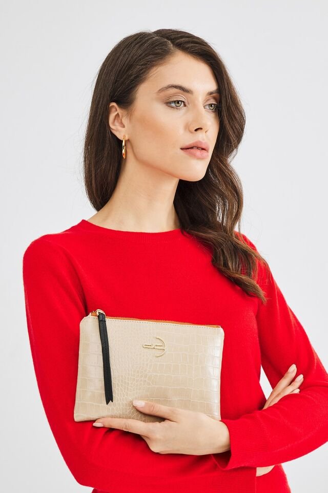 Soft Kroko Bej Clutch El Çantası