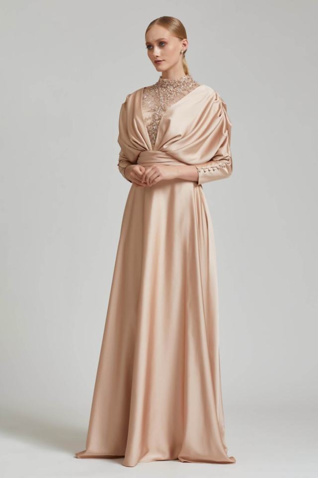 Bat Sleeve Front Back Bead Embroidered Hijab Evening Dress Nisaca Gold