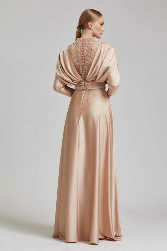 Bat Sleeve Front Back Bead Embroidered Hijab Evening Dress Nisaca Gold