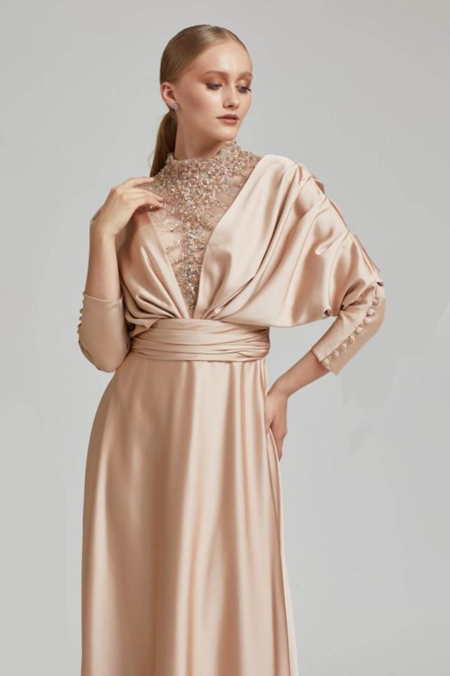 Bat Sleeve Front Back Bead Embroidered Hijab Evening Dress Nisaca Gold