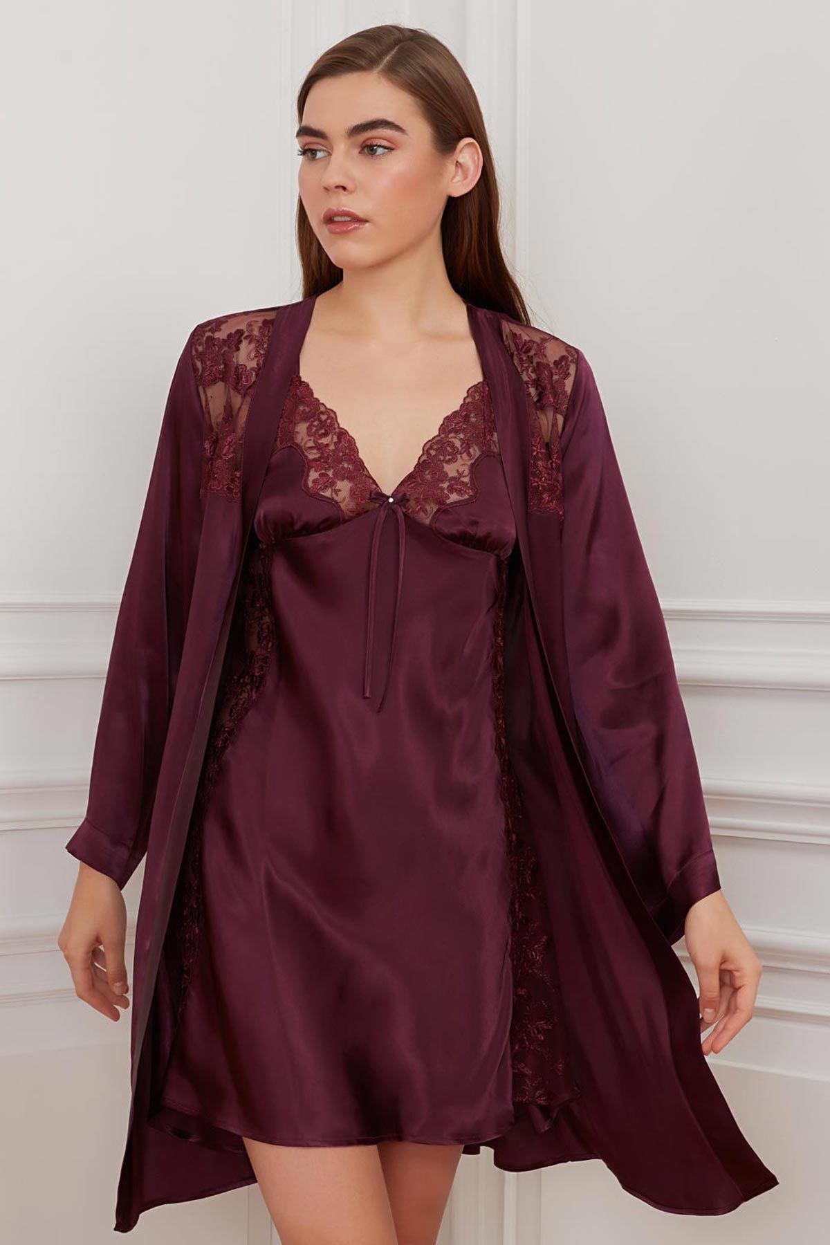 Women's Plum Satin Nightgown Dressing Gown