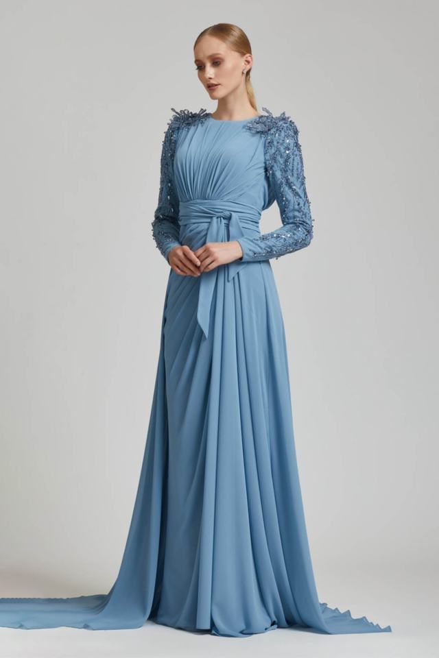 Chiffon Sleeves Stone Veiling Evening Dress | Nisaca Indigo