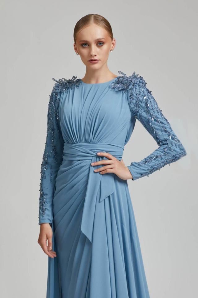 Chiffon Sleeves Stone Veiling Evening Dress | Nisaca Indigo